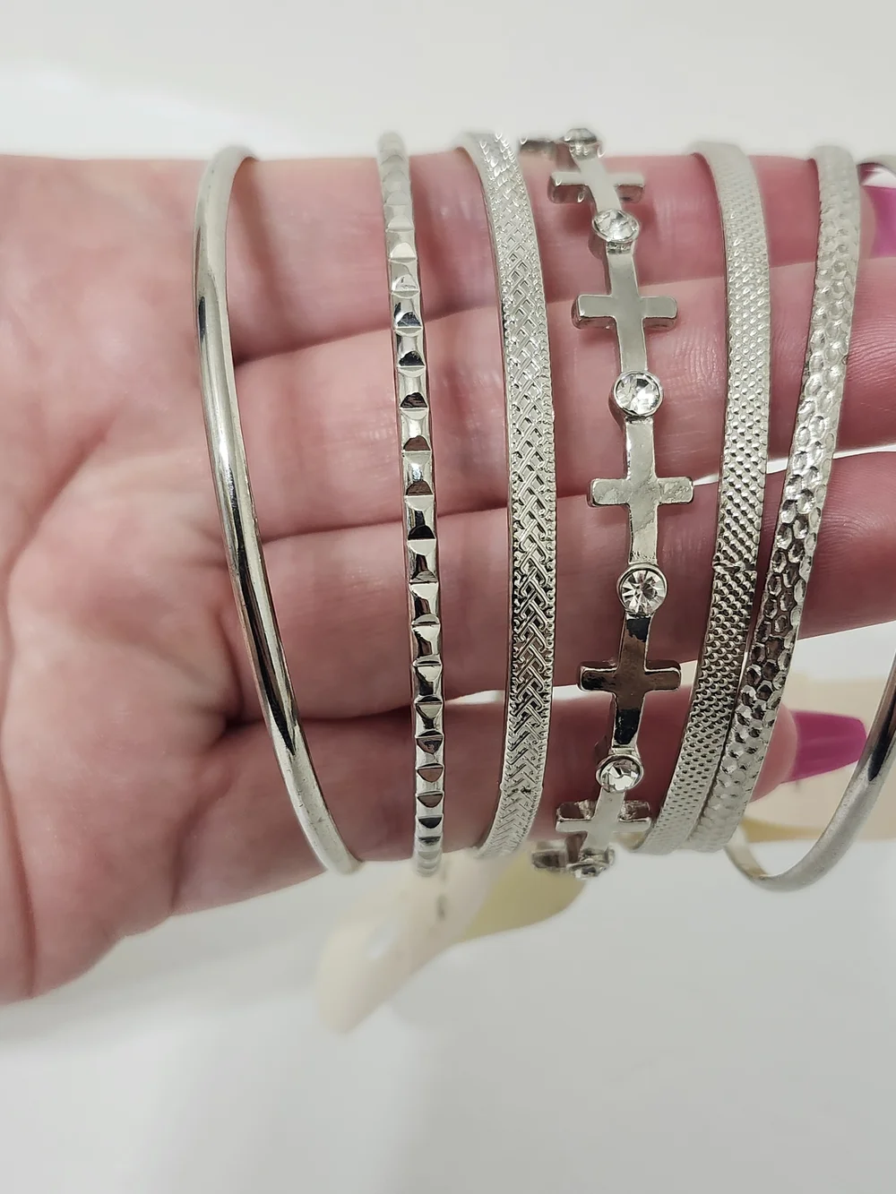 Silver Tone Cross and Rhinestone Bangle Bracelet Set 7 Pieces Large Casual Work